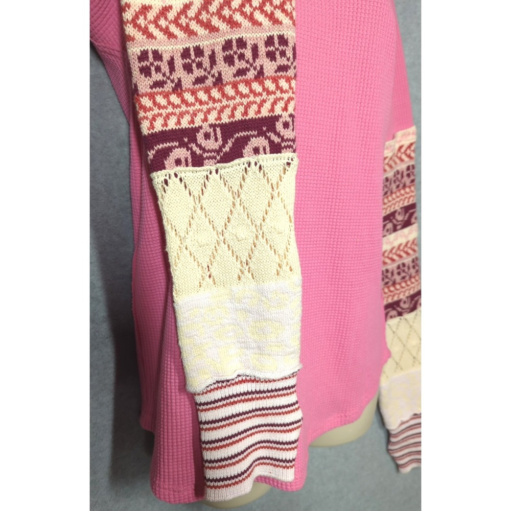 New Free People We The Free All In Cuff Top L Pink Waffle Thermal Boho Laid Back - Picture 4 of 8